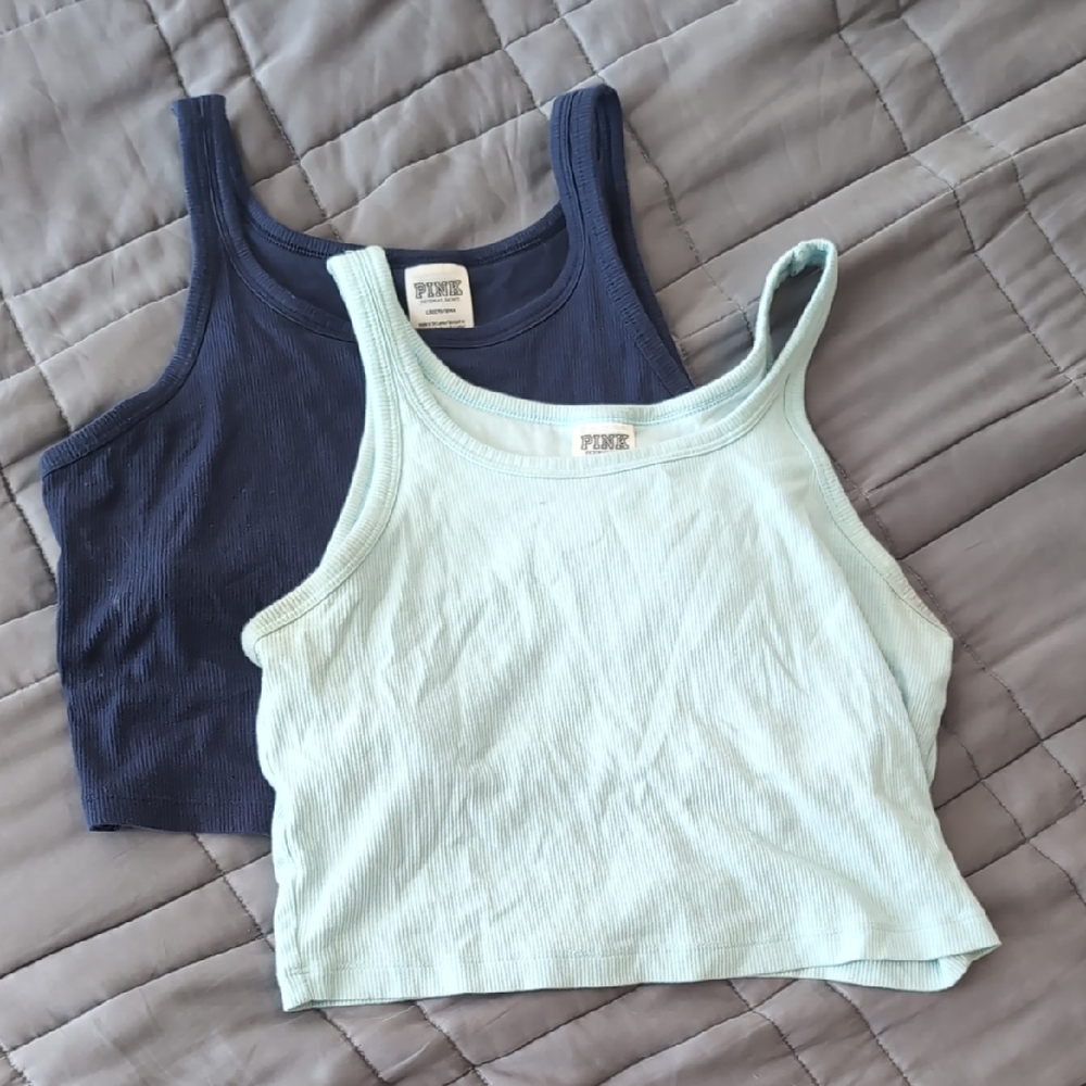 PINK Victoria's Secret Cropped Shelf Bra Racerback Tanks - Navy and Mint Blue